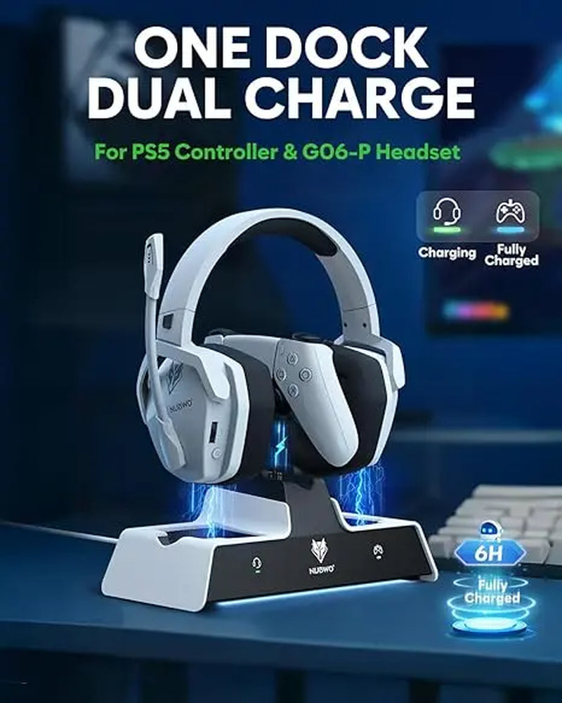 NUBWO G06 Pro Wireless Gaming Headset & PS5 Dual Controller Charging Station