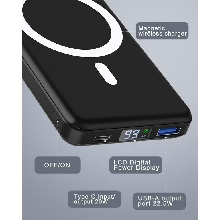 Magnetic Power Bank 10000mAh | 22.5W Fast Charging | Built-In Cables & Stand