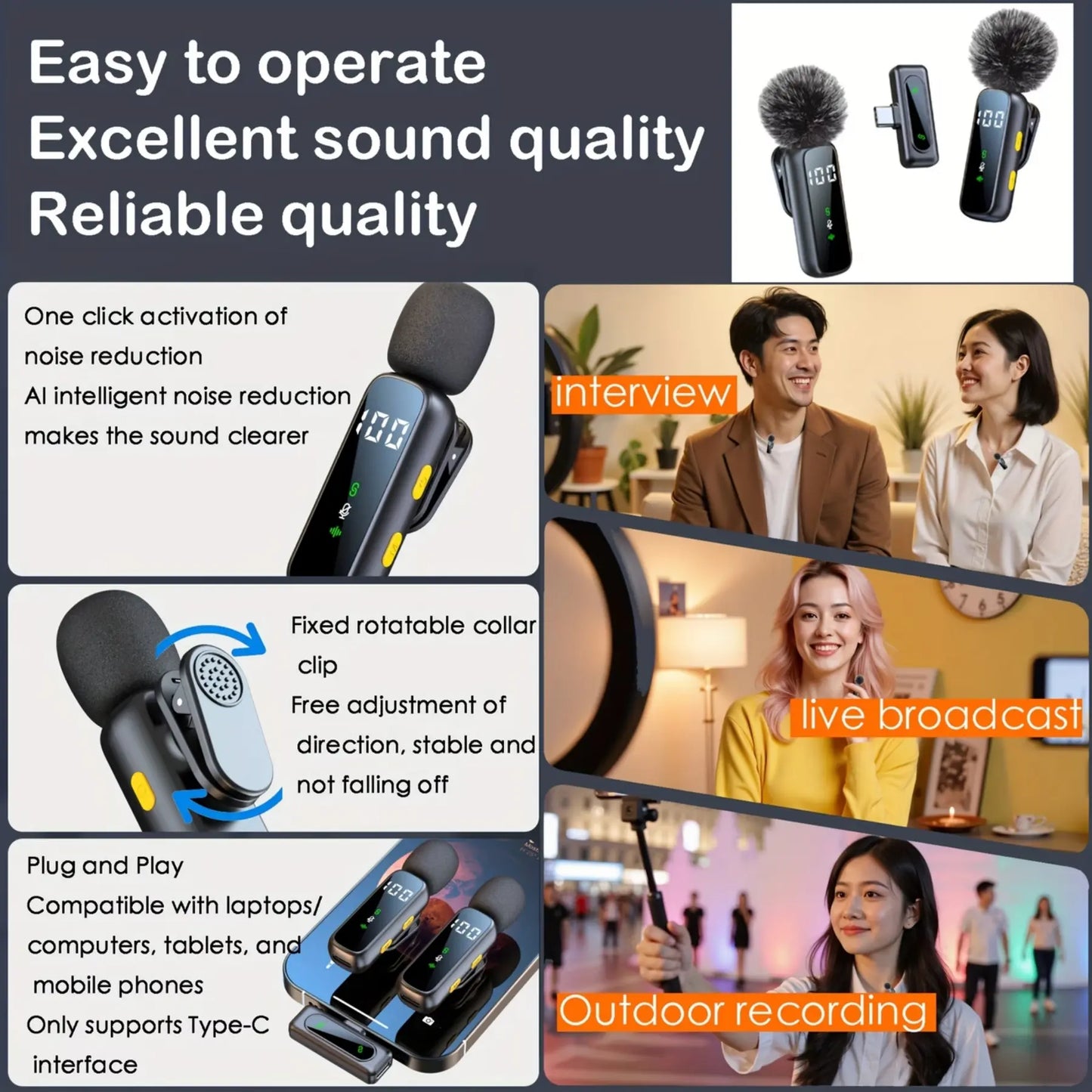 Mini Wireless Lapel Microphone | 360° Audio | 14H Battery