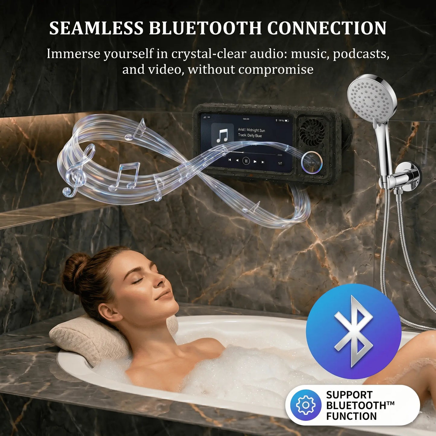 Bathroom Shower Waterproof Phone Holder,Bluetooth Speaker 360°Rotation Touch Screen Mobile Phone Box,Suction Cup Bathroom Case Mount Shelf