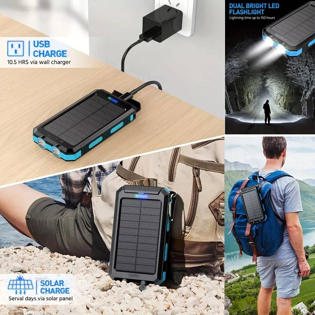 10000mAh Solar Power Bank | Dual USB Fast Charging | LED Flashlight for Travel & Camping