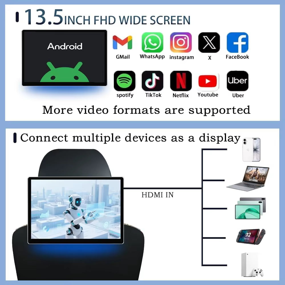 13.5" Android 14 Car Headrest Monitor | 2+32GB Touchscreen Rear Seat Entertainment System