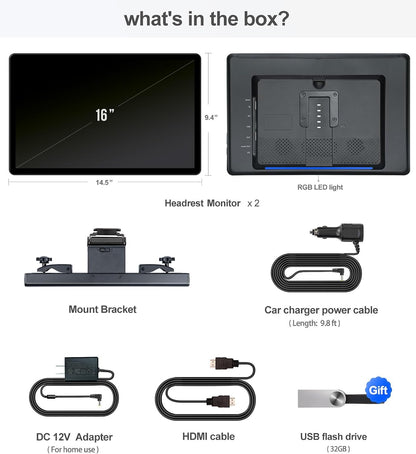 16" Car TV Headrest Monitor for Cars Back Seat Universal Rear Entertainment System, Support Phone Wireless Mirror Link Touch Screen 4K,With Wifi/Bluetooth/Hdmi/Usb/Video Player (4G+64G(1*PC))