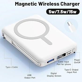 Magnetic Power Bank 10000mAh | 22.5W Fast Charging | Built-In Cables & Stand