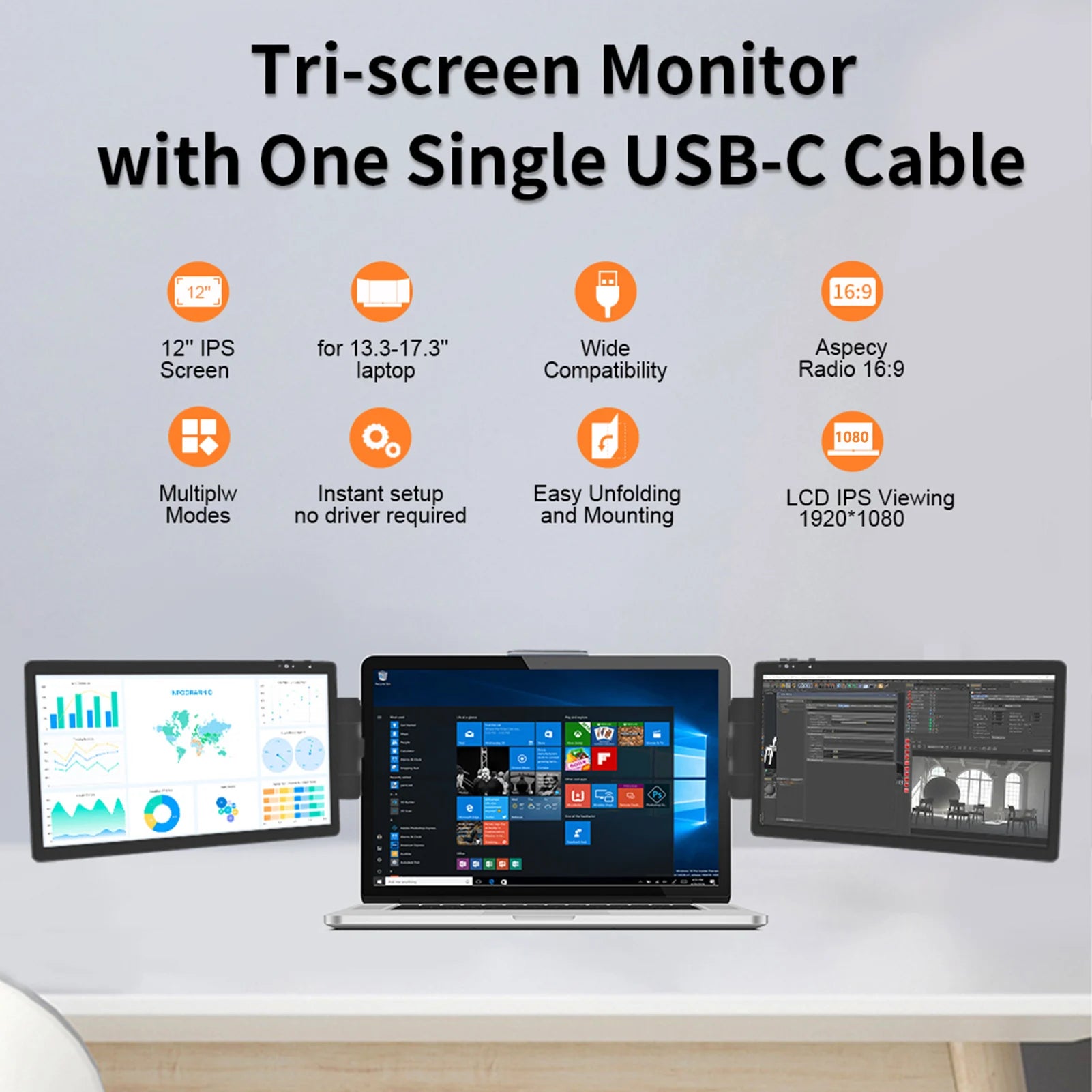 12 Inch Laptop Dual Monitor 1920*1080 HD IPS LCD Dual Monitor Screen Extender Laptops for Macbook 