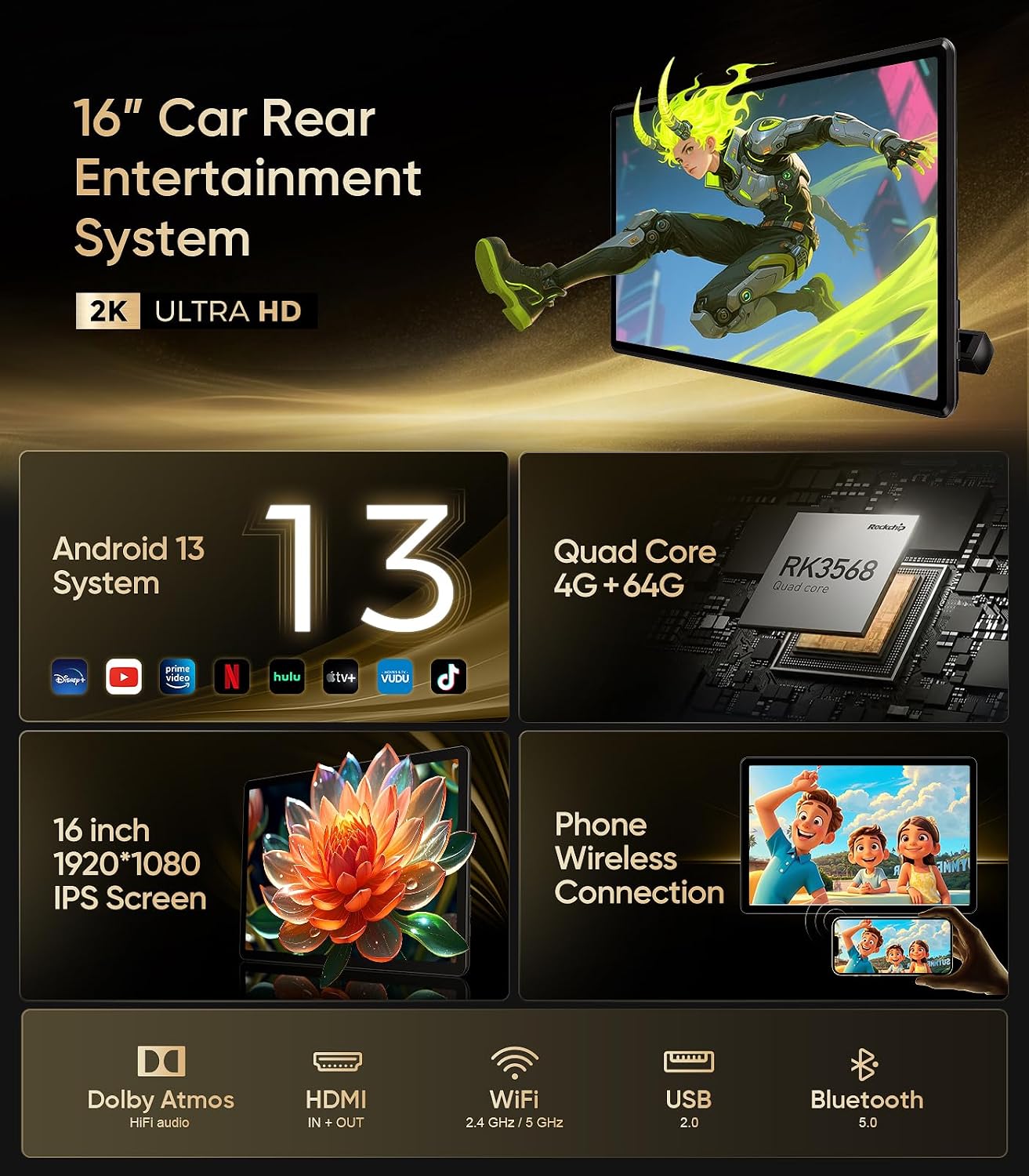 16" Car TV Headrest Monitor for Cars Back Seat Universal Rear Entertainment System, Support Phone Wireless Mirror Link Touch Screen 4K,With Wifi/Bluetooth/Hdmi/Usb/Video Player (4G+64G(1*PC))