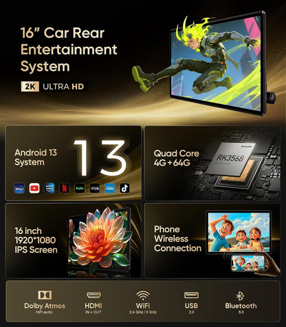 16" Car TV Headrest Monitor for Cars Back Seat Universal Rear Entertainment System, Support Phone Wireless Mirror Link Touch Screen 4K,With Wifi/Bluetooth/Hdmi/Usb/Video Player (4G+64G(1*PC))