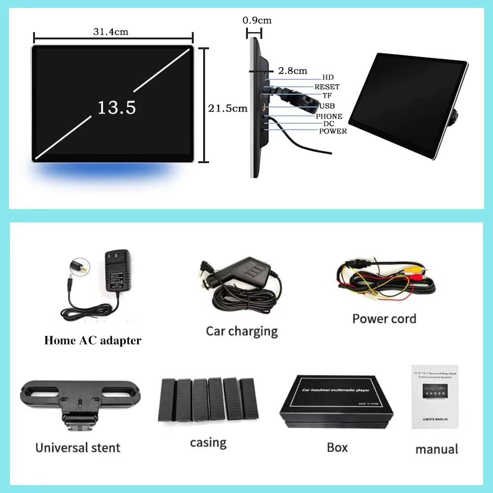 13.5" Android 14 Car Headrest Monitor | 2+32GB Touchscreen Rear Seat Entertainment System