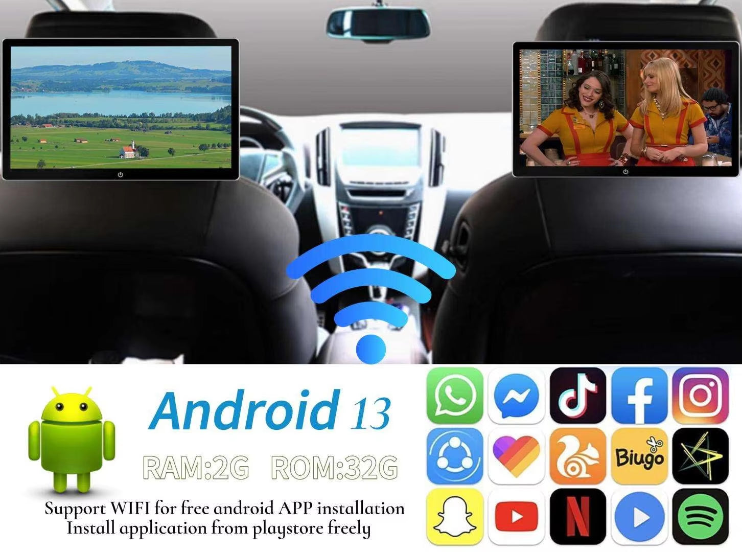 10.1" Android 13 Car Headrest Monitor | 2+32GB Rear Seat Entertainment System | Touchscreen, USB & SD Card
