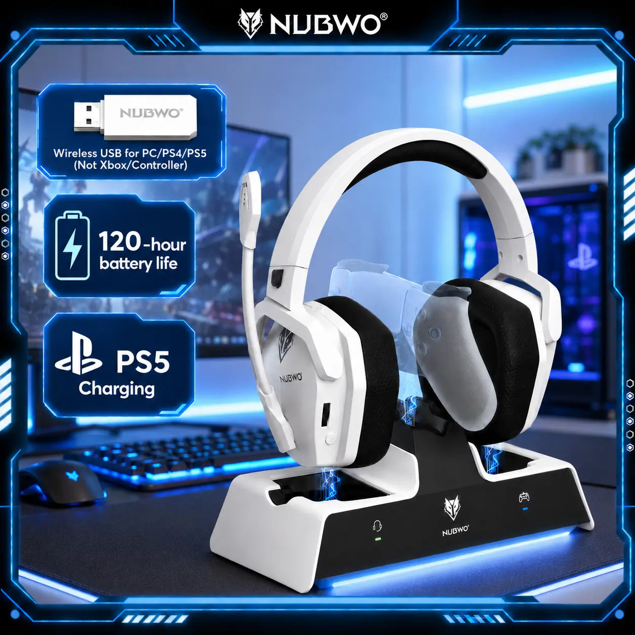 NUBWO G06 Pro Wireless Gaming Headset & PS5 Dual Controller Charging Station