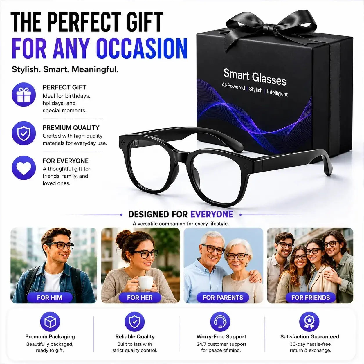AI Smart Glasses with Real-Time Recording, Wireless Calling and Voice Assistant