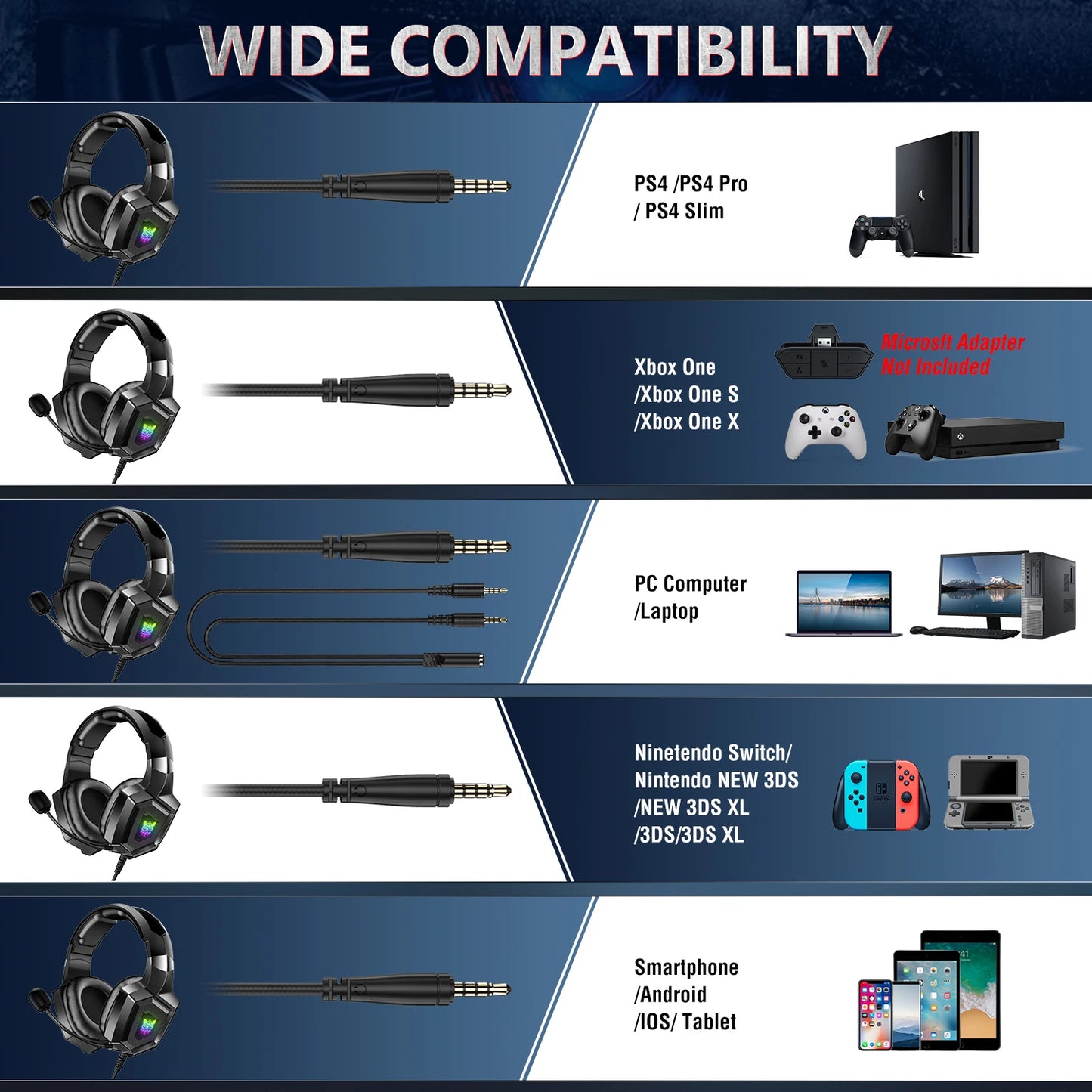 K8 Gaming Headphones with Flexible HD Mic RGB Light Surround Sound Over-Ear for pc and xbox