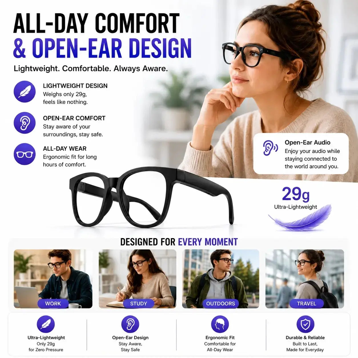 AI Smart Glasses with Real-Time Recording, Wireless Calling and Voice Assistant