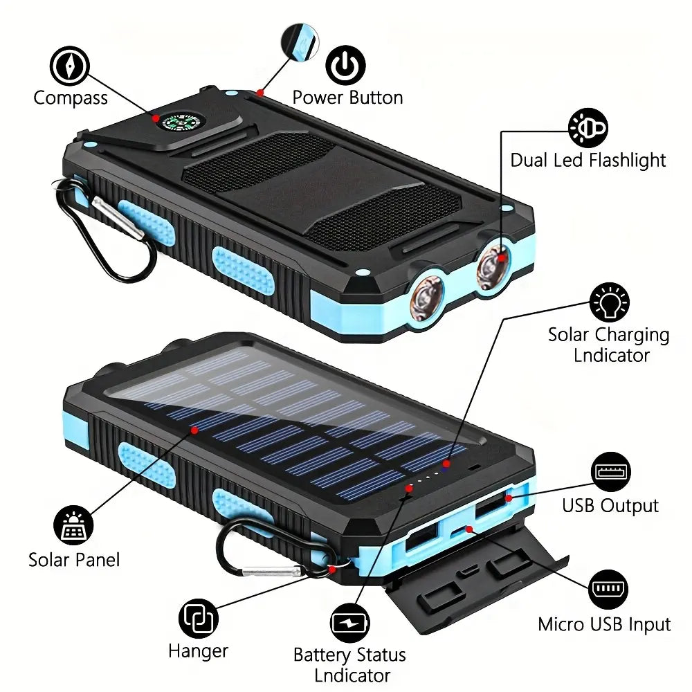 10000mAh Solar Power Bank | Dual USB Fast Charging | LED Flashlight for Travel & Camping