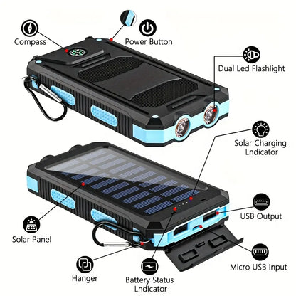 10000mAh Solar Power Bank | Dual USB Fast Charging | LED Flashlight for Travel & Camping