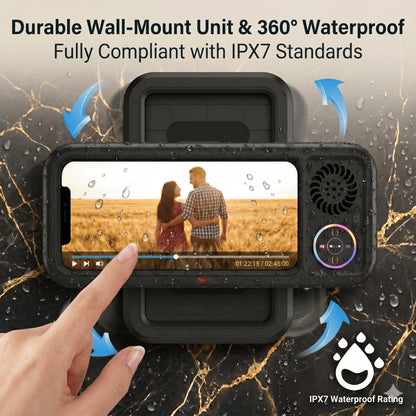 Bathroom Shower Waterproof Phone Holder,Bluetooth Speaker 360°Rotation Touch Screen Mobile Phone Box,Suction Cup Bathroom Case Mount Shelf