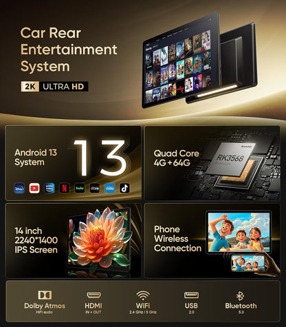 14 Inch 4K Android.13 Car TV Headrest Monitor for Cars Back Seat Rear Entertainment System, Support Phone Wireless Mirror Link Touch Screen,With Wifi/Bluetooth/Hdmi/Usb/Video Player (4G+64G(1*PC))