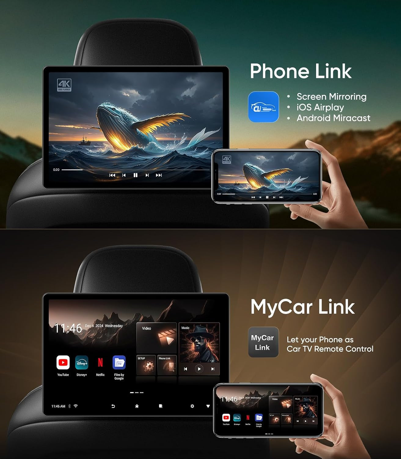 14 Inch 4K Android.13 Car TV Headrest Monitor for Cars Back Seat Rear Entertainment System, Support Phone Wireless Mirror Link Touch Screen,With Wifi/Bluetooth/Hdmi/Usb/Video Player (4G+64G(2*Pcs))
