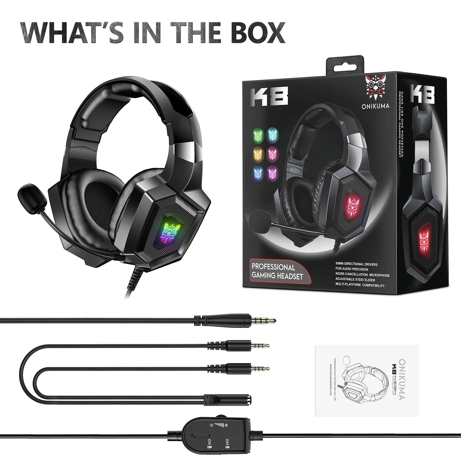 K8 Gaming Headphones with Flexible HD Mic RGB Light Surround Sound Over-Ear for pc and xbox