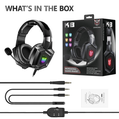 K8 Gaming Headphones with Flexible HD Mic RGB Light Surround Sound Over-Ear for pc and xbox